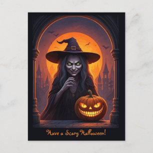 Beängstigende Halloween Hexe und Crazy Smile Pumpk Postkarte