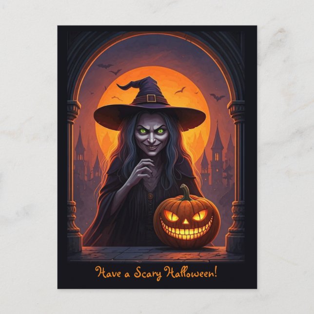 Beängstigende Halloween Hexe und Crazy Smile Pumpk Postkarte (Vorderseite)