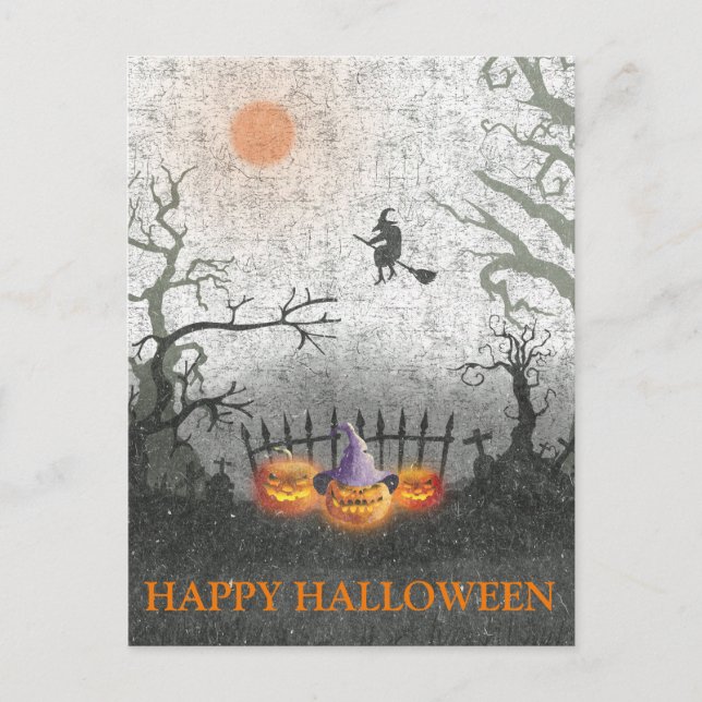 Beängstigende Halloween-Nacht mit Hexenkürbis Postkarte (Vorderseite)
