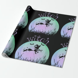 Beängstigende Hexe auf einem Besenstiel mit Katze Geschenkpapier