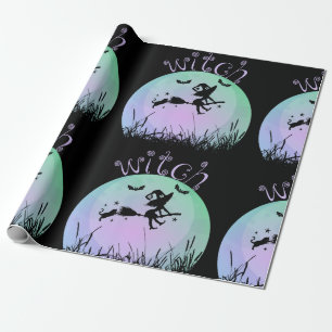 Beängstigende Hexe auf einem Besenstiel mit Katze Geschenkpapier
