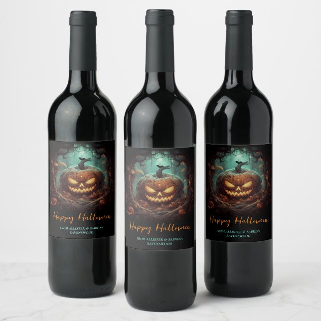 Beängstigende Kürbislaterne Halloween Weinetikett (Flaschen)