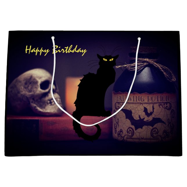 Beängstigende Schwarze Katze und Schädel glücklich Große Geschenktüte (Vorderseite)