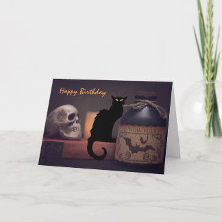 Beängstigende Schwarze Katze und Schädel Halloween Karte