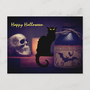 Beängstigende Schwarze Katze und Skull Happy Hallo Postkarte