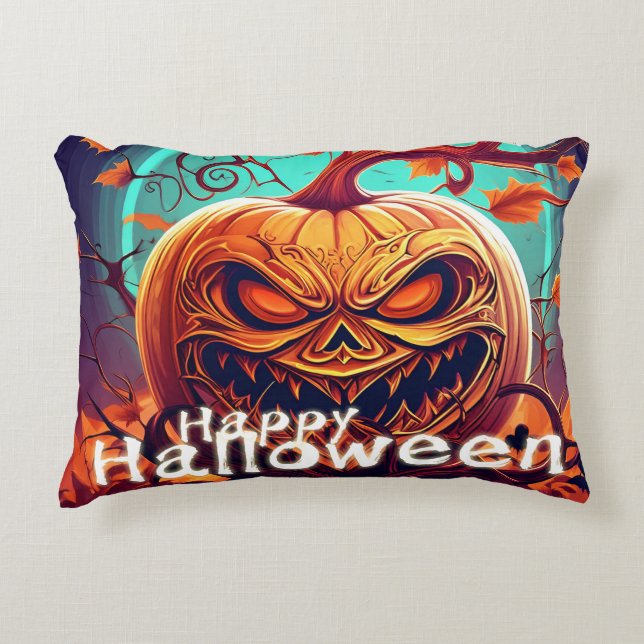 Beängstigender Blick Orange Pumpkin mit Gesichtsau Dekokissen (Vorderseite)