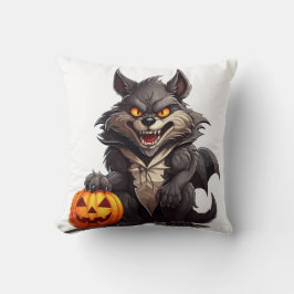 Beängstigender Cartoon-Wolf mit Halloween-Kürbis Kissen
