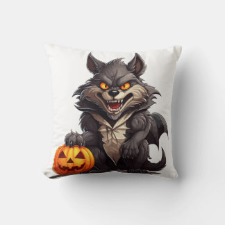 Beängstigender Cartoon-Wolf mit Halloween-Kürbis Kissen