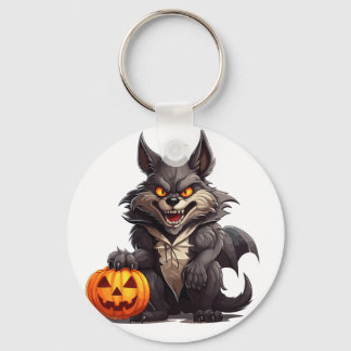 Beängstigender Cartoon-Wolf mit Halloween-Kürbis Schlüsselanhänger