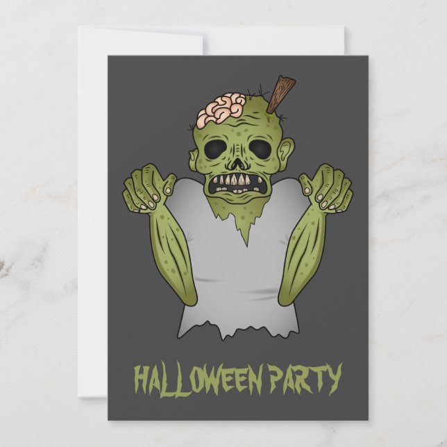 Beängstigender Cartoon Zombie auf grauem Halloween Einladung (Vorderseite)