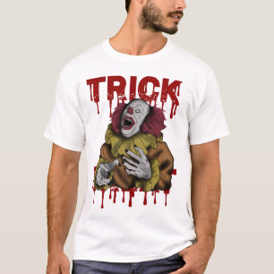 Beängstigender Clown- und Bloody-Text-Trick oder - T-Shirt