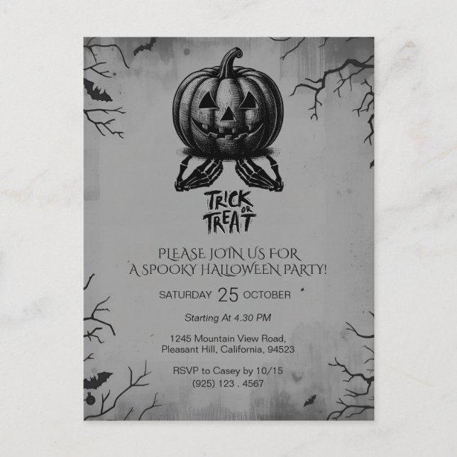 Beängstigender Skeleton Pumpkin Trick oder Treat S Postkarte (Vorderseite)