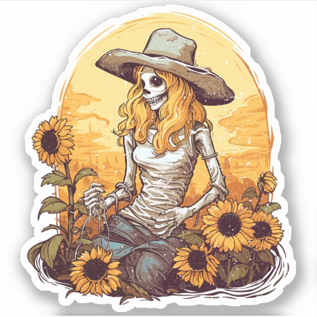Beängstigender Western Cowgirl Skelett und Sonnenb Aufkleber (Vorderseite)