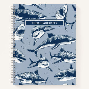 Beängstigendes Hai Muster Name Blue Kids Notizbuch