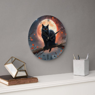 Beängstigendes Halloween Black Cat Moonlight, Große Wanduhr