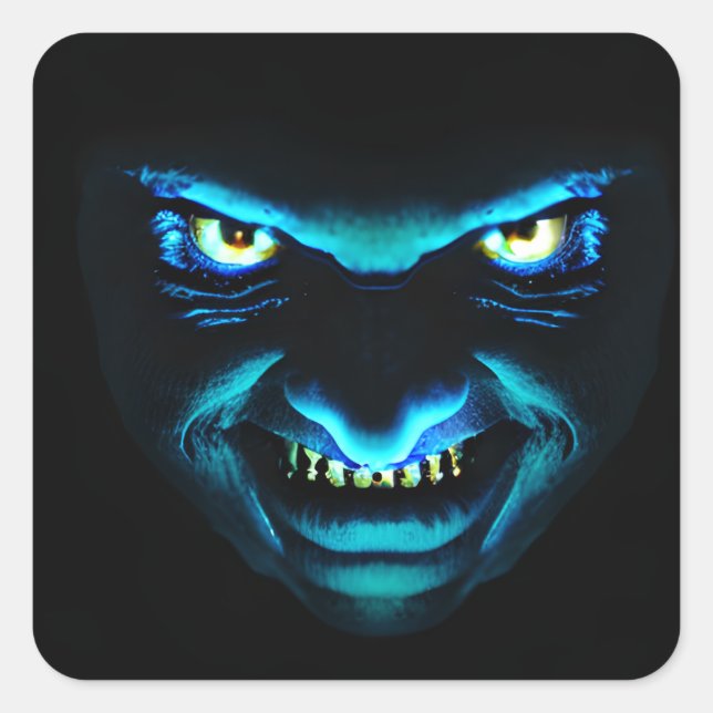 Beängstigendes Monster-Gesicht strahlt blau Quadratischer Aufkleber (Vorderseite)