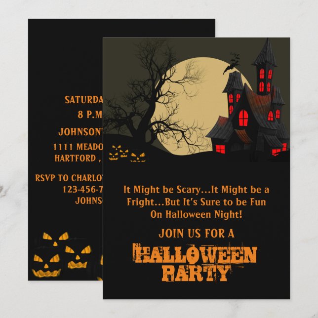 Beängstigendes Spuk Haus und Vollmond-Halloween-Pa Einladung (Vorne/Hinten)