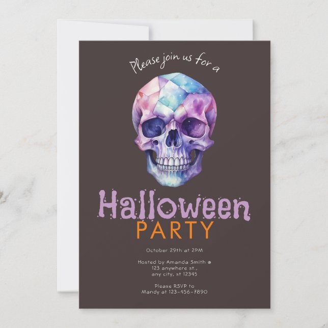 Beängstigendes und Creepy Blue&Lila Skull Hallowee Einladung (Vorderseite)