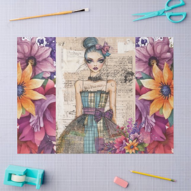 Beängstigendes Vintages Blumenkleid Ephemera Seidenpapier (Basteln)