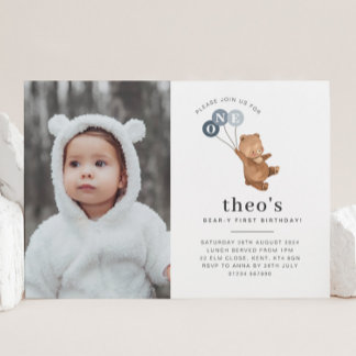 Bear 3 Blue Balloons Foto 1. Geburtstag Einladung