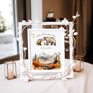 Bear Adventure Fall Mountain Baby Dusche Bar Poster