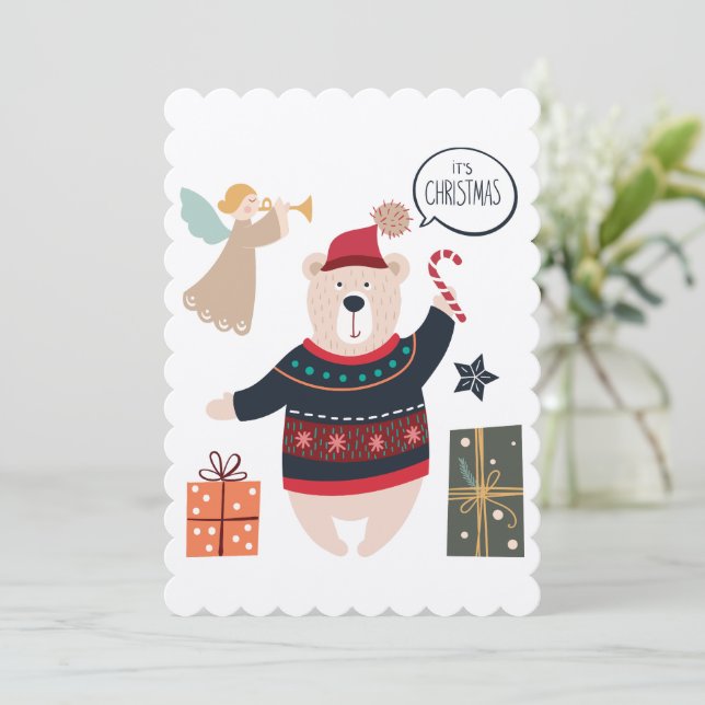 Bear and Angel Christmas Scandinavian Card Einladung (Stehend Vorderseite)