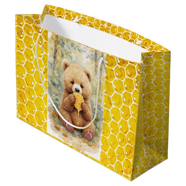  Bear and Honey Baby Shower Große Geschenktüte (Rückseite Schrägansicht)