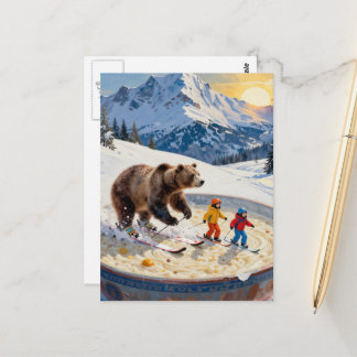 bear and kids ski in a bowl of porridge  postkarte