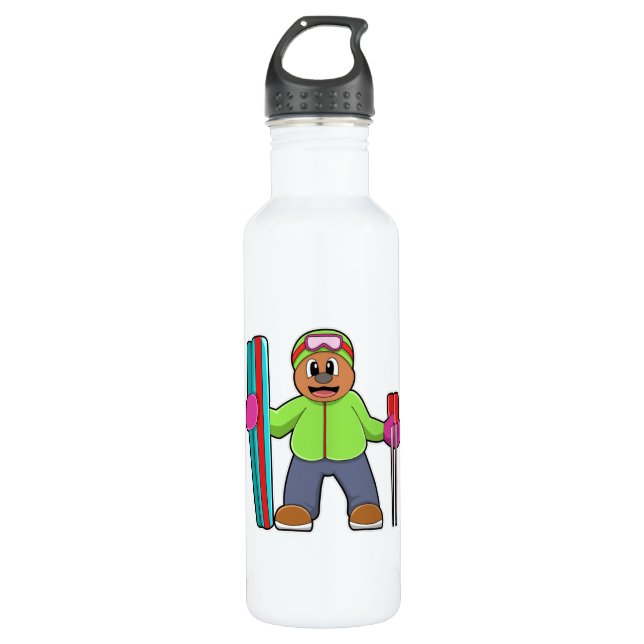 Bear as Skier mit Ski & Skistöcken Edelstahlflasche (Vorderseite)