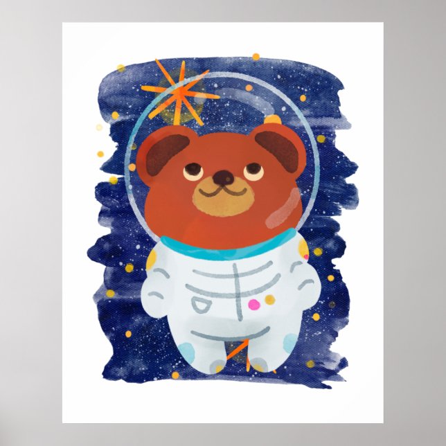 Bear Astronaut Floating Space Stars Wasserfarbe Poster (Vorne)