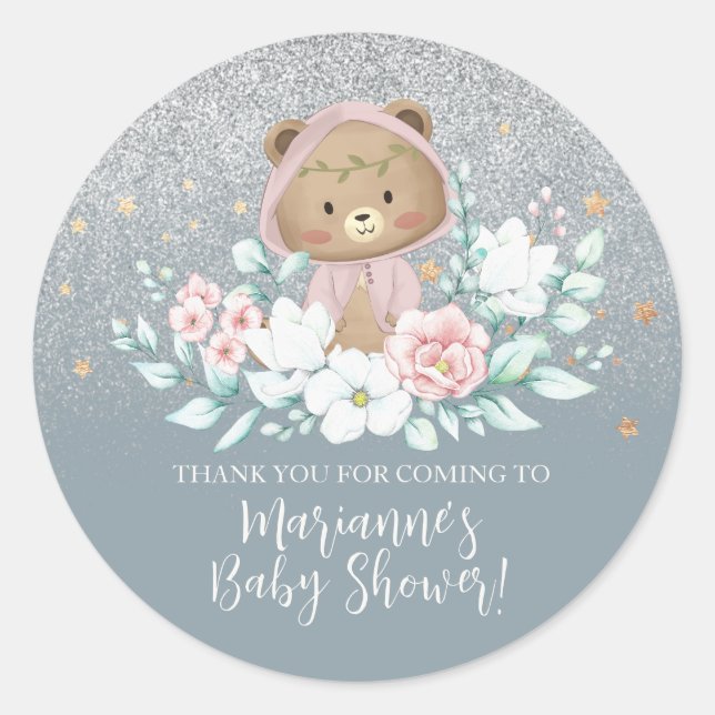Bear Baby Dusche Bläserblütenblume Glitzer Blau Bo Runder Aufkleber (Vorderseite)