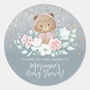 Bear Baby Dusche Bläserblütenblume Glitzer Blau Bo Runder Aufkleber