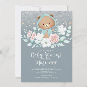 Bear Baby Dusche Bläserblütenblume Glitzer Dusty B Einladung
