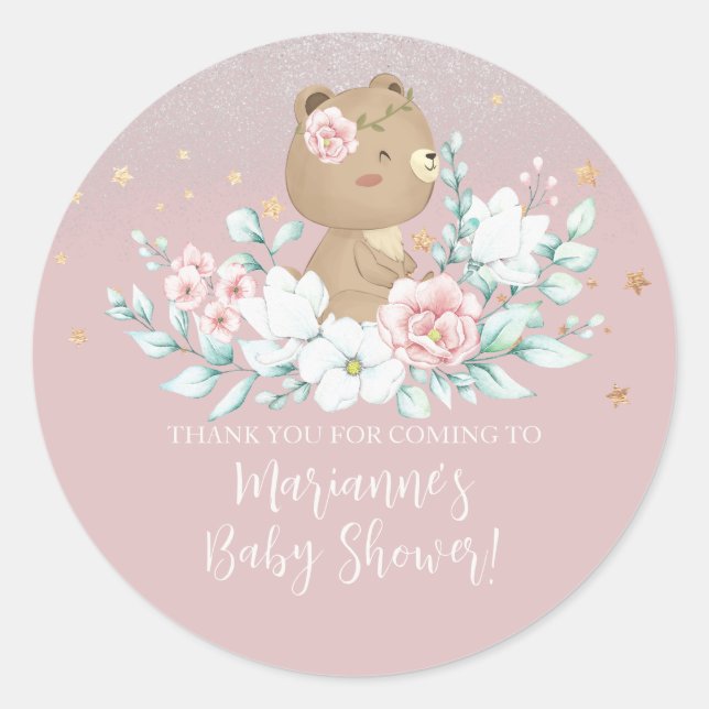 Bear Baby Dusche Blumenkohl Glitzer Pink Runder Aufkleber (Vorderseite)