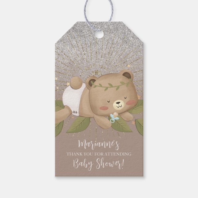 Bear Baby Dusche Glitzer Bohemisch Stars Gold Geschenkanhänger (Vorderseite)