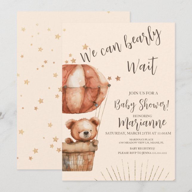 Bear Baby Dusche Glitzer Stars Rustikal Einladung (Vorne/Hinten)