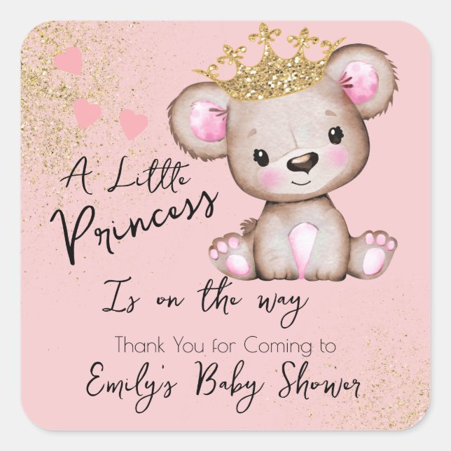 Bear Baby Dusche Princess Funkelnd Pink Quadratischer Aufkleber (Vorderseite)