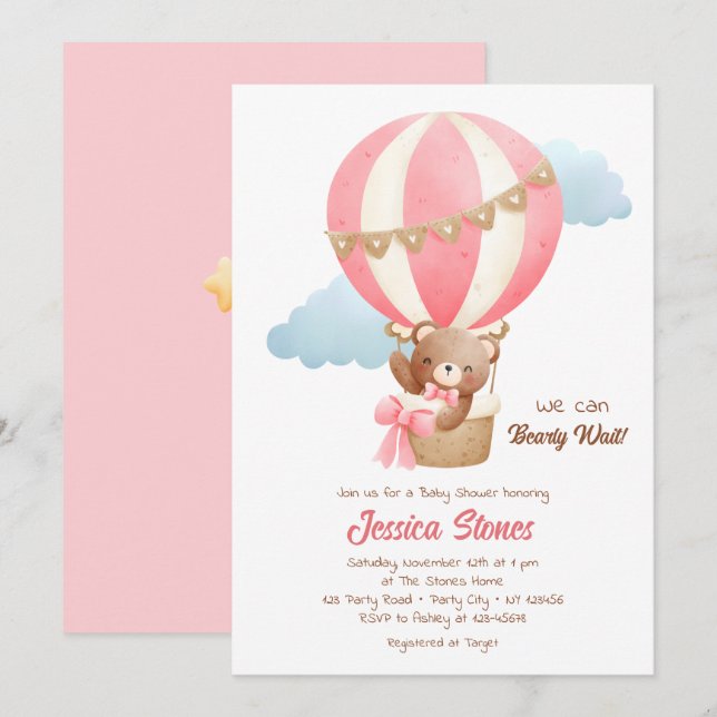 Bear Baby Girl Dusche Einladungen Heißluftballons (Vorne/Hinten)