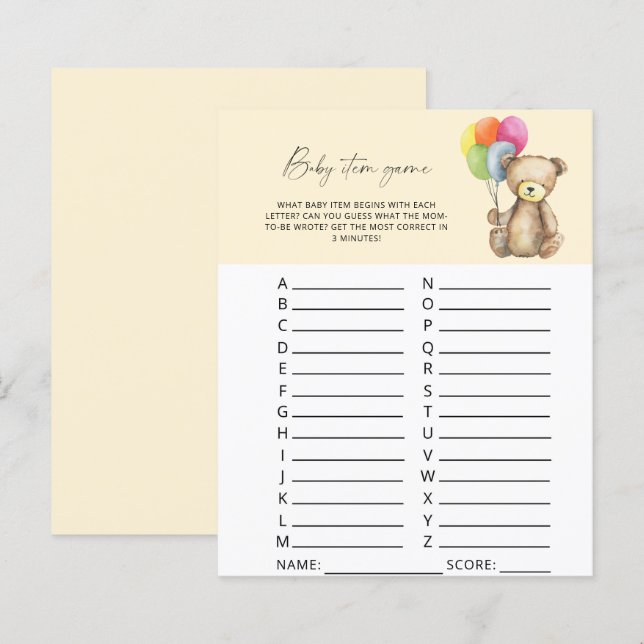 Bear - Baby Item Game. Baby Shower Game (Vorne/Hinten)