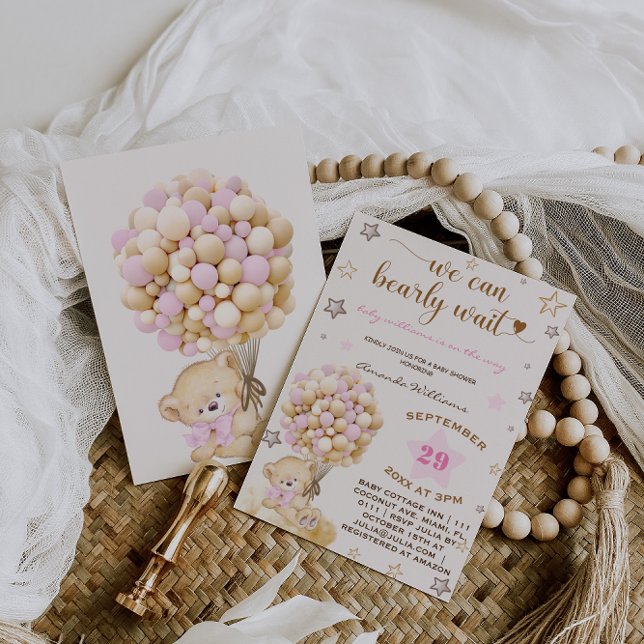 Bear Baby Pink Girl Babydusche Vintag Einladung (Von Creator hochgeladen)