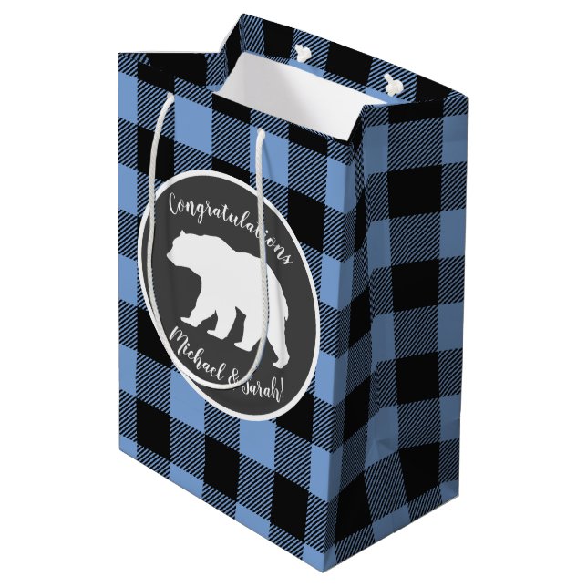 Bear Baby Shower Boy Blue Mittlere Geschenktüte (Rückseite Schrägansicht)