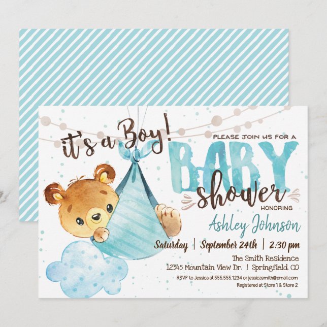 Bear Baby Shower Boy, Einladung (Vorne/Hinten)