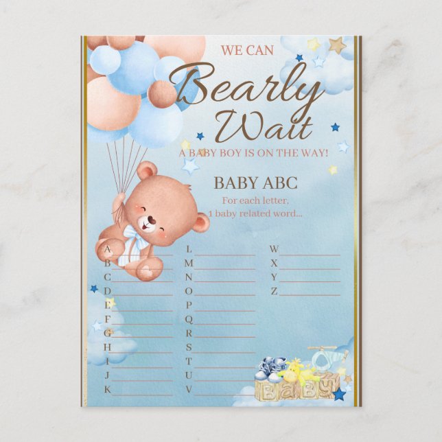 Bear Baby Shower Boy Game Postkarte (Vorderseite)