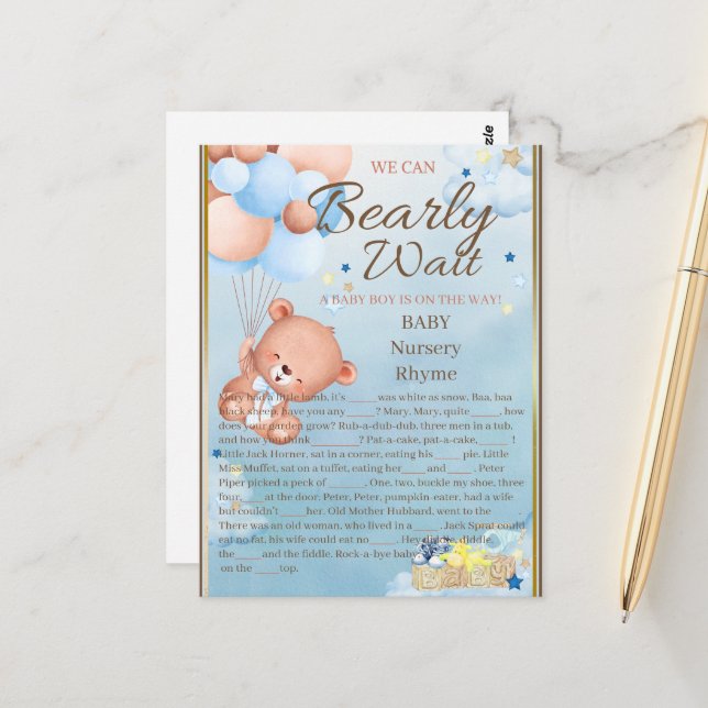 Bear Baby Shower Boy Game Postkarte (Vorderseite/Rückseite Beispiel)