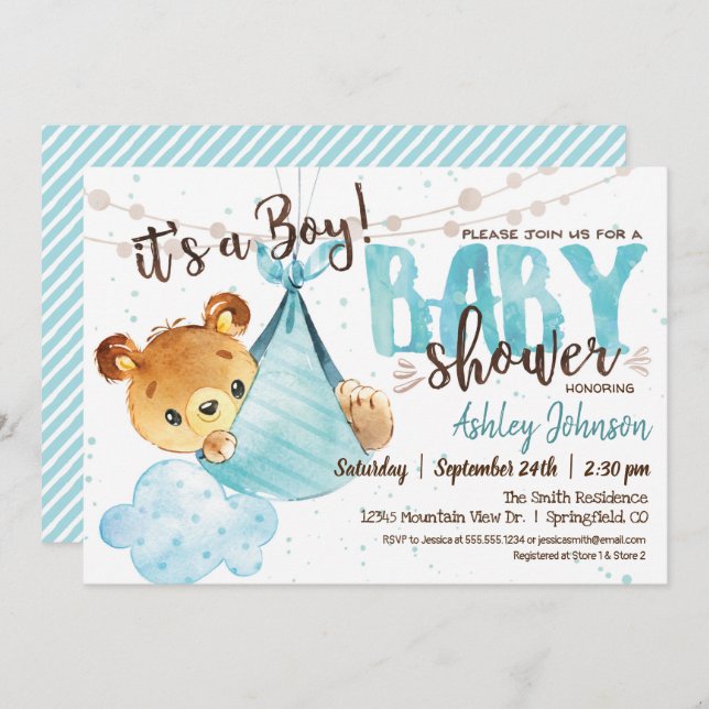 Bear Baby shower Boy, Invitation (Devant / Derrière)