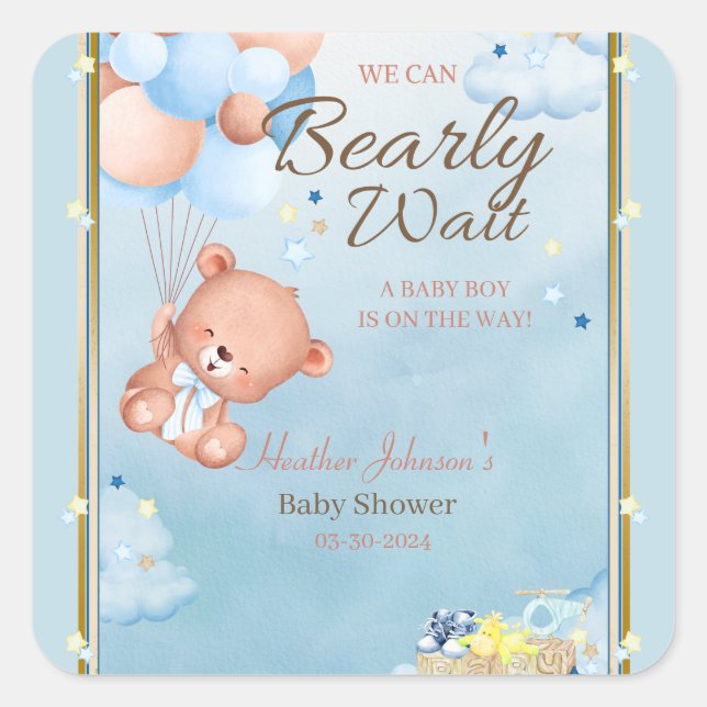 Bear Baby Shower Boy Quadratischer Aufkleber (Vorderseite)