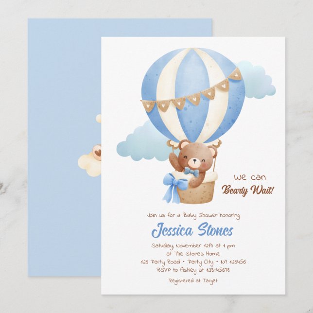 Bear Baby Shower Einladungen Boy Hot Air Ballons (Vorne/Hinten)