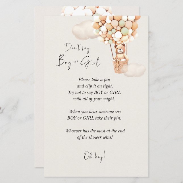 Bear Baby Shower Game - Sage nicht Junge oder Mädc (Vorne/Hinten)