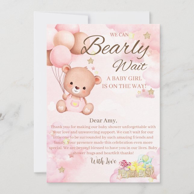 Bear Baby Shower Girl Dankeskarte (Vorderseite)