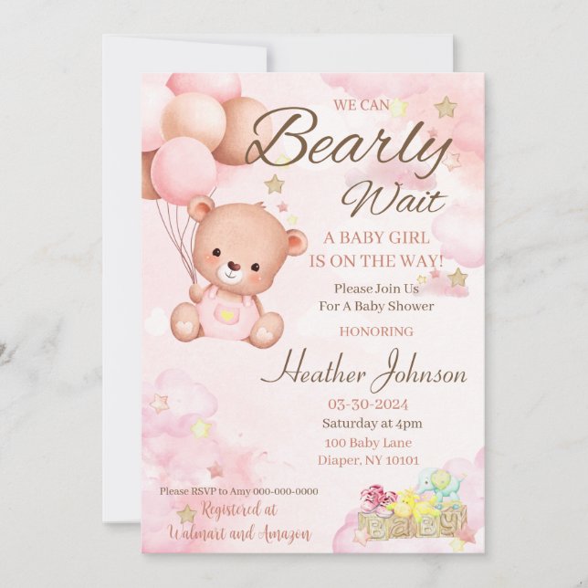 Bear Baby Shower Girl Einladung (Vorderseite)